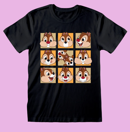 Officially Licensed Chip And Dale merchandise Black t-shirt with cartoon chipmunks character faces in a grid pattern 
