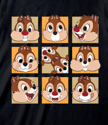 Officially Licensed Chip And Dale merchandise Black t-shirt with cartoon chipmunks character faces in a grid pattern 
