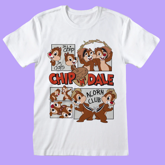 White t-shirt with Chip 'n' Dale graphic design on a white background