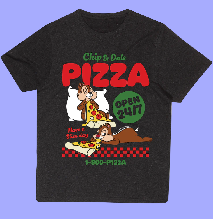 Black t-shirt with Chip and Dale pizza-themed design 