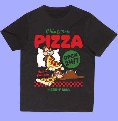 Black t-shirt with Chip and Dale pizza-themed design 