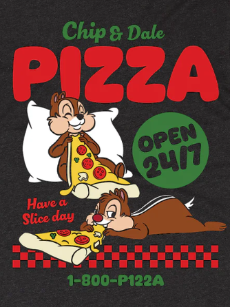 Cartoon chipmunks with pizza on a black background with text 'Chip & Dale Pizza'.