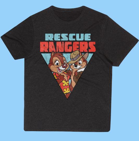 Black t-shirt with 'Rescue Rangers' graphic featuring Chip and Dale  animated characters 