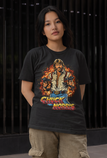 Person wearing black t-shirt with chuck norris tribute design