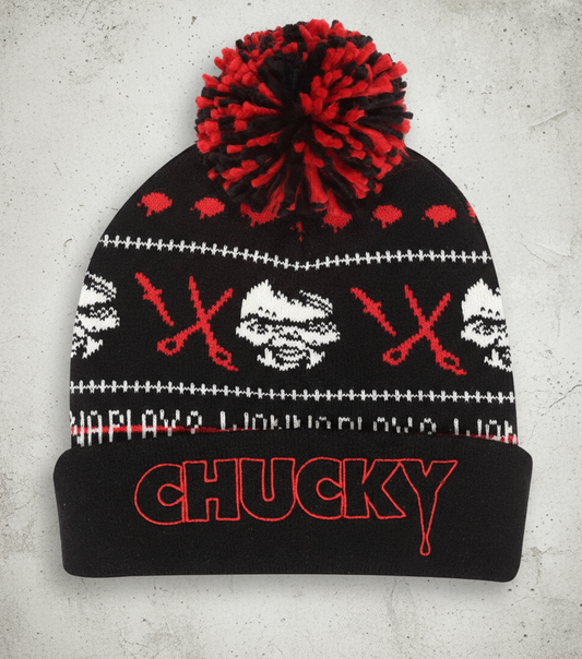 Black beanie with red pom-pom, red and white pattern, and 'CHUCKY' text 