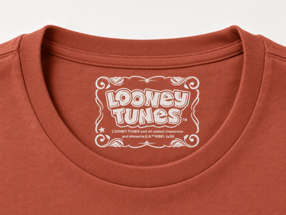 Close-up of a cinnamon coloured t-shirt collar featuring a white printed 'Looney Tunes' logo on the inside neck label.