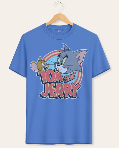 Official classic Blue t-shirt with Tom and Jerry logo graphic on a hanger against a white background