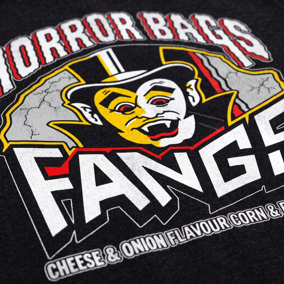 Close up Black Smoke Printed Sweater Retro 80s snacks Horror Bags Fangs design