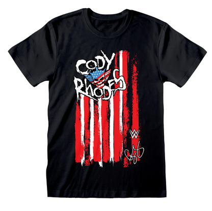 Black t-shirt with 'Cody Rhodes' graphic design featuring an American flag on a white background