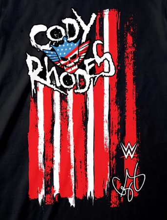 T-shirt with American flag design and 'Cody Rhodes' text on a black background