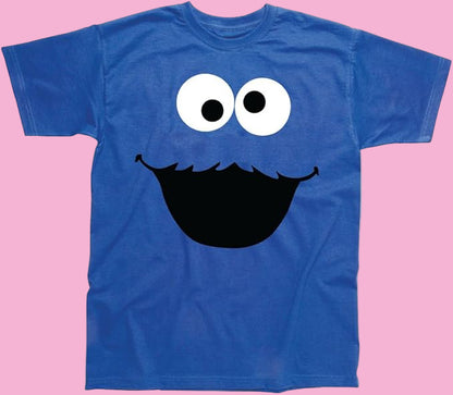 Short sleeve Royal Blue t-shirt with a large smiley Cookie Monster face design 