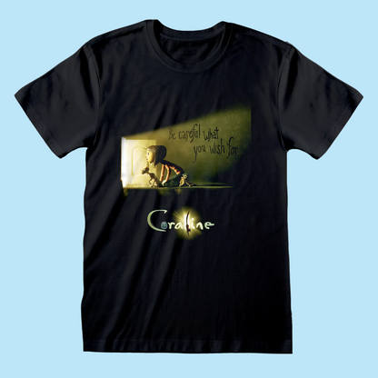 Black t-shirt with a graphic design featuring a child and text 'Coraline'