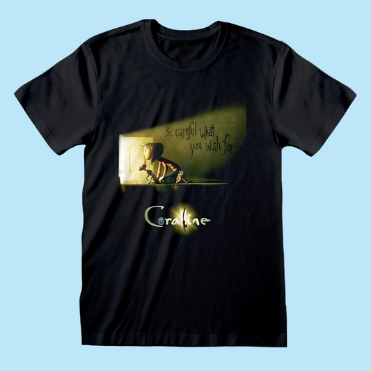 Black t-shirt with a graphic design featuring a child and text 'Coraline'