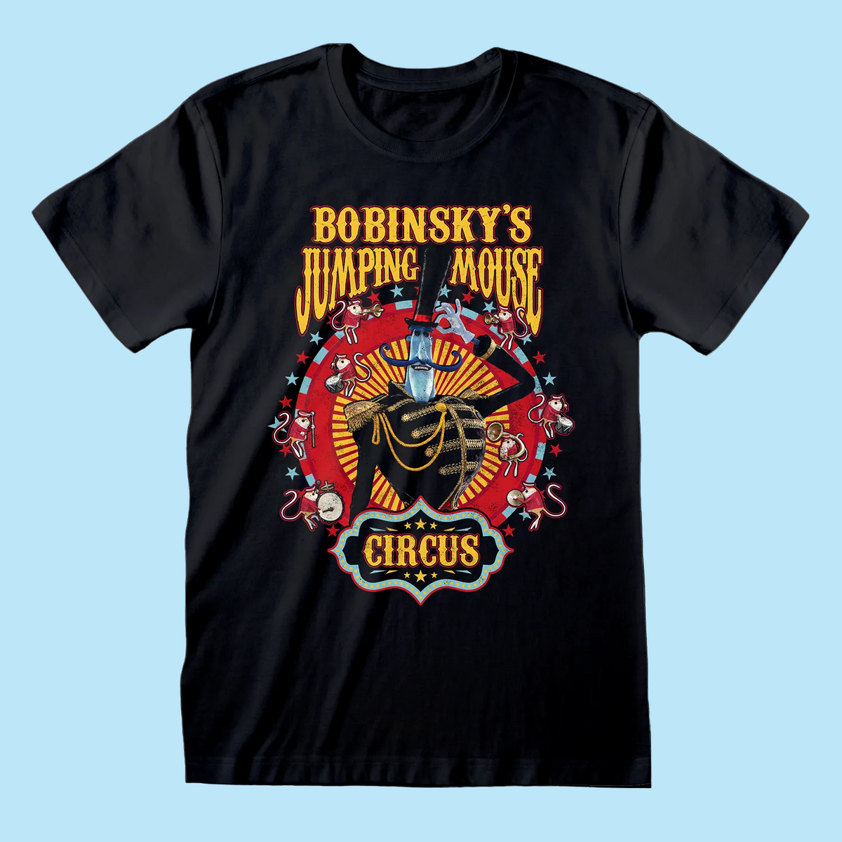 A black short-sleeve crewneck t-shirt featuring a colorful graphic print of 'Bobinsky's Jumping Mouse Circus' with mice, on the front, 
