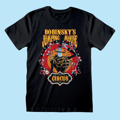 A black short-sleeve crewneck t-shirt featuring a colorful graphic print of 'Bobinsky's Jumping Mouse Circus' with mice, on the front, 