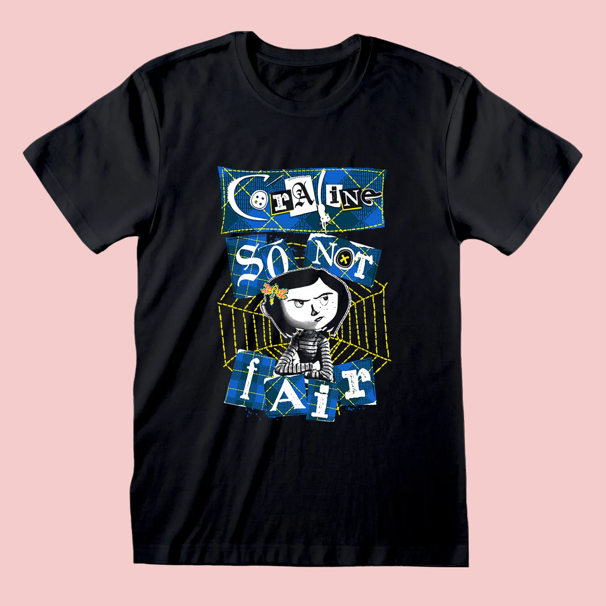 Black t-shirt with graphic Coraline design and text on a white background