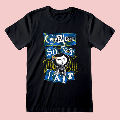 Black t-shirt with graphic Coraline design and text on a white background