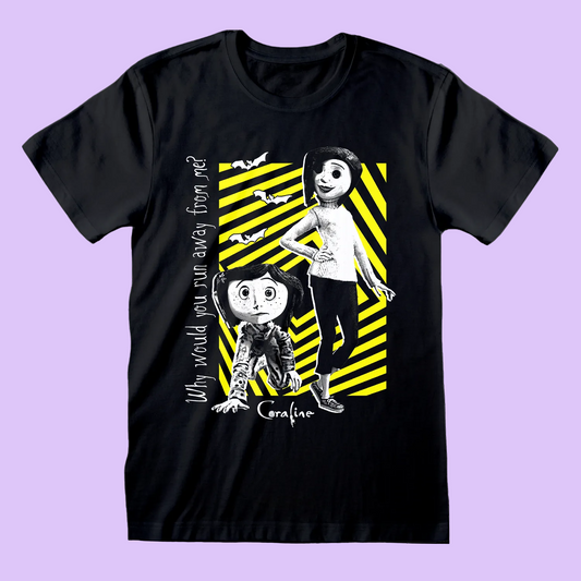 Black t-shirt with cartoon Coraline characters and text 