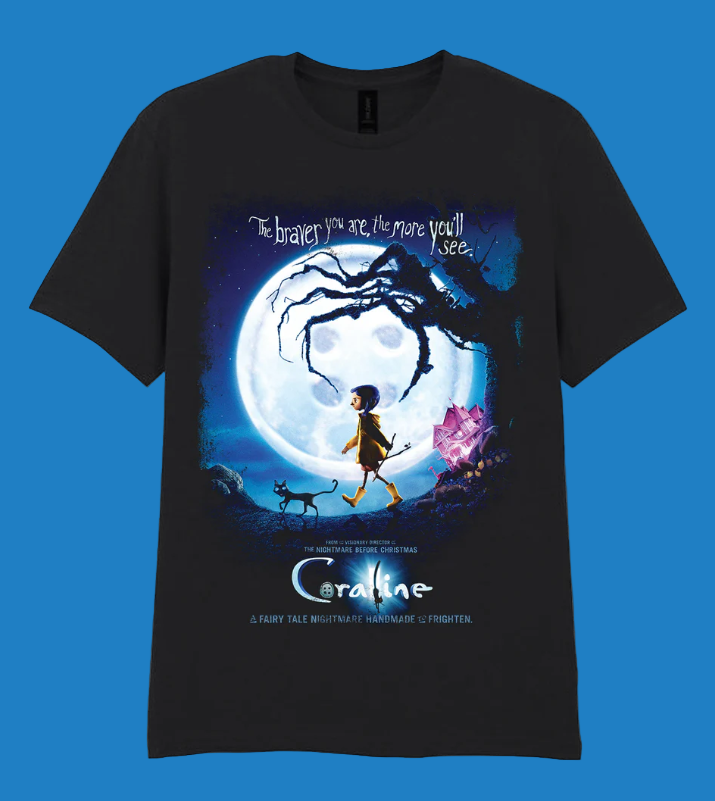 Official Coraline Black t-shirt with 'Coraline' movie poster design featuring Coraline, cat, and large moon. With Text "The Braver You Are The More You Will See"