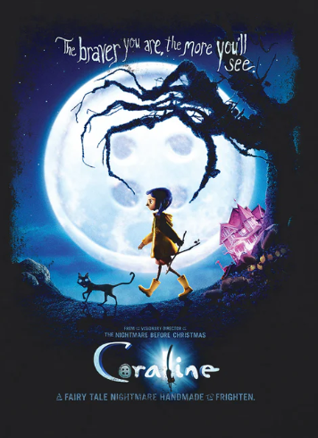 Official Coraline Black t-shirt with 'Coraline' movie poster design featuring Coraline, cat, and large moon. With Text "The Braver You Are The More You Will See"