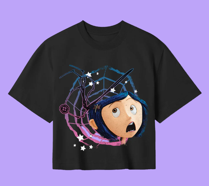 Official Coraline Black cropped t-shirt with an animated Coraline character design 