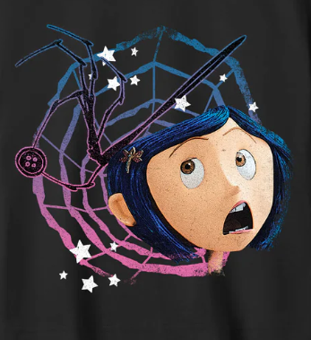 Official Coraline Black cropped t-shirt with an animated Coraline Character with blue hair and spider web design on a black background