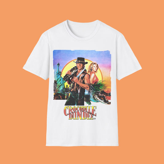 White t-shirt with 'Crocodile Dundee' movie poster design on a white background