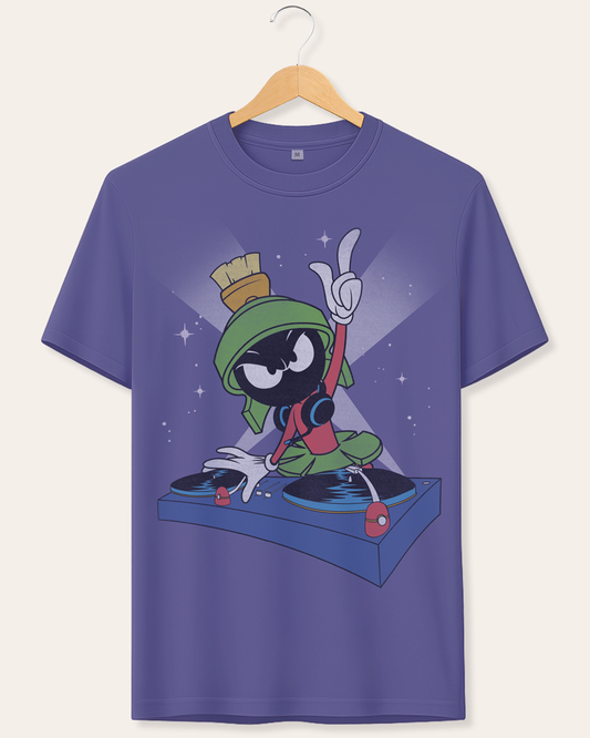 Official Looney Tunes dusk blue short sleeve t-shirt by Get Lucky Clothing with Marvin the Martian cartoon character being a DJ on a hanger