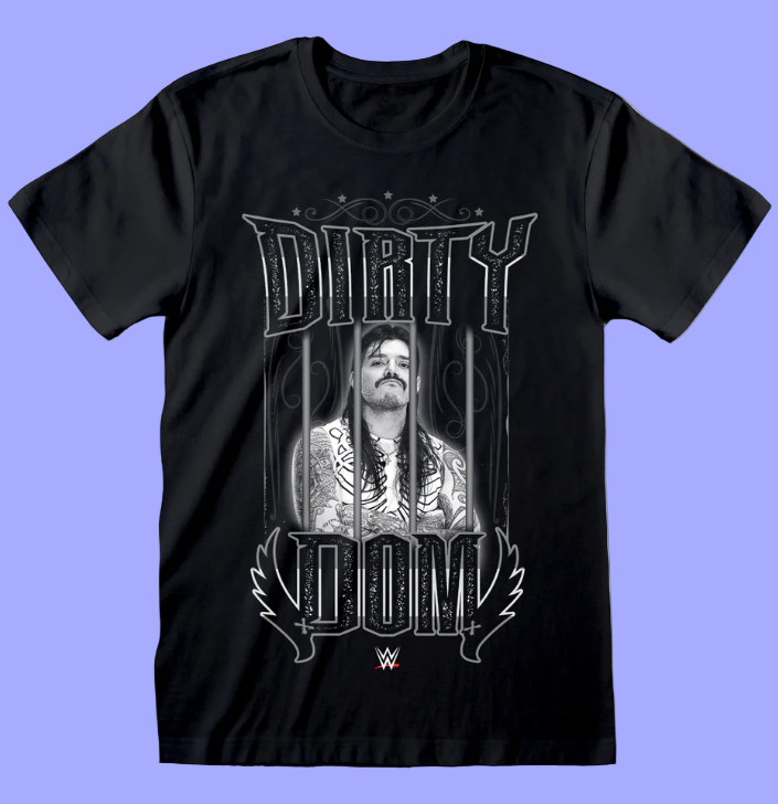 Black t-shirt with graphic design featuring a person behind bars and 'DIRTY DOOM' text on a white background.