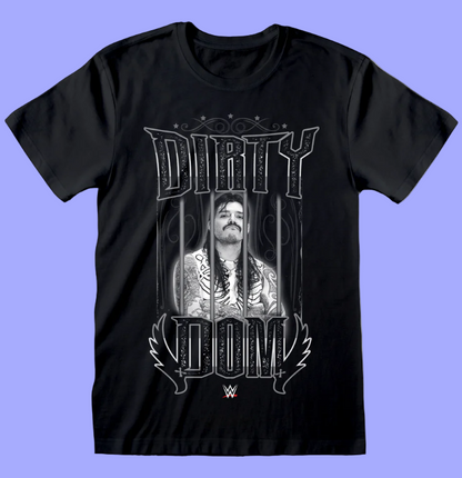 Black t-shirt with graphic design featuring a person behind bars and 'DIRTY DOOM' text on a white background.