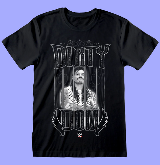 Black t-shirt with graphic design featuring a person behind bars and 'DIRTY DOOM' text on a white background.