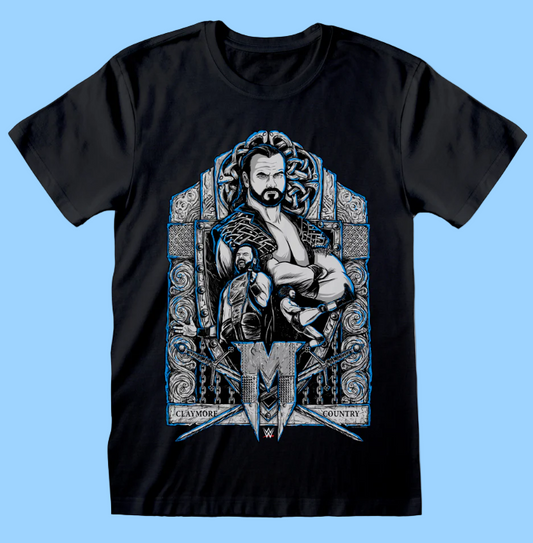 Official WWE Claymore Country Black t-shirt with a graphic design of Drew Mcintyre and text 
