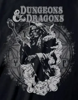 Dungeons & Dragons logo with a character holding a scroll and a dice, on a dark background.