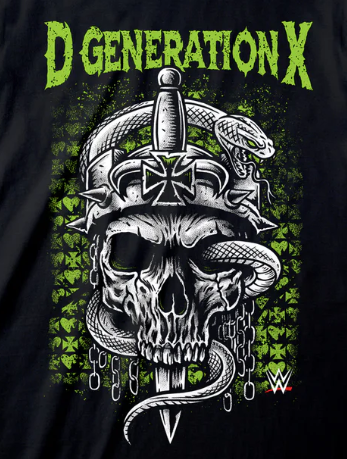 T-shirt with a skull and helmet design featuring 'D Generation X' text on a black background.