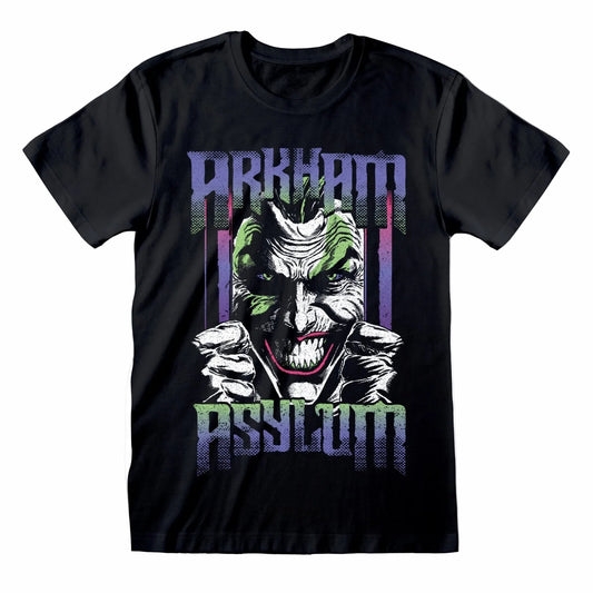 A black short-sleeve graphic t-shirt featuring a distressed print of the Joker's face with the text 'ARKHAM ASYLUM' in a purple and green font, 