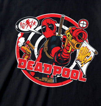 Black t-shirt with Deadpool graphic design on a white background