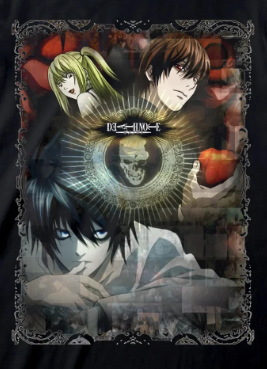 Black t-shirt with anime-style graphic design featuring four characters and a central figure.