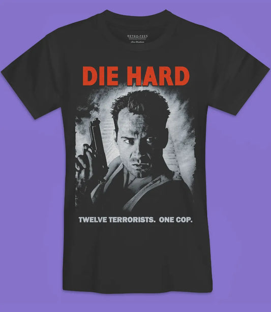 Mens black short sleeve t shirt featuring Die Hard movie poster with John McClane cop design