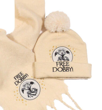 Harry Potter Beige beanie with 'Free Dobby' logo on a white background