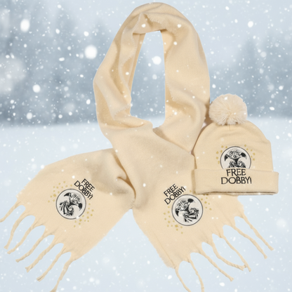 Beige scarf and beanie set with 'Free Dobby' text and logo on a white background