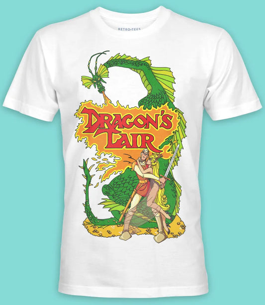Men's Unisex white short sleeve t-shirt featuring Dragons Lair graphics