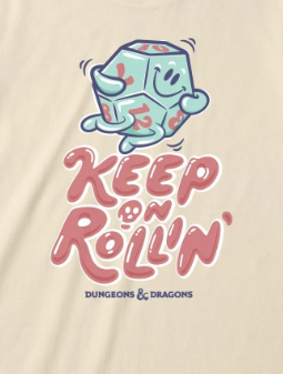 Beige t-shirt with Dungeons & Dragons graphic and 'Keep on Rollin'' text on a white background