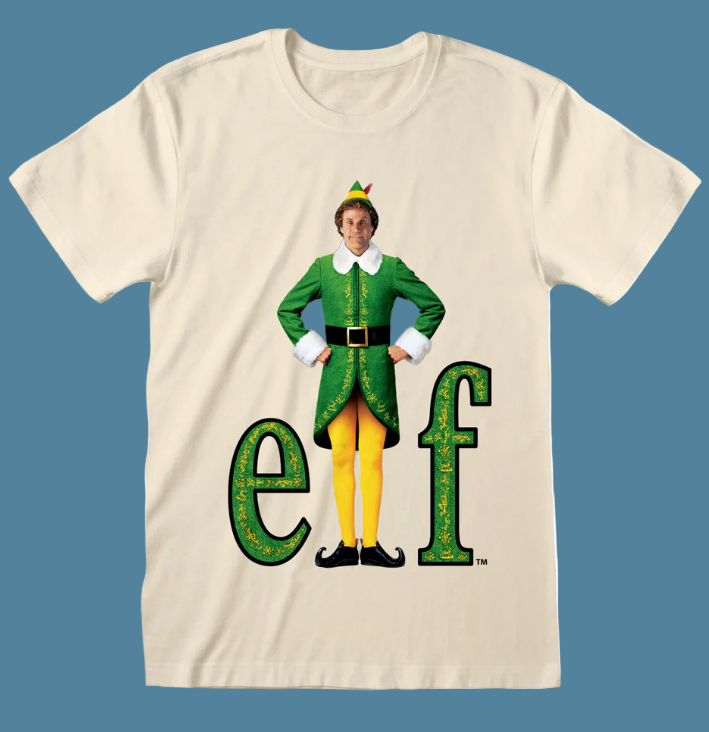 Beige t-shirt with a Christmas movie Elf Buddy character in green elf costume and 'elf' text 