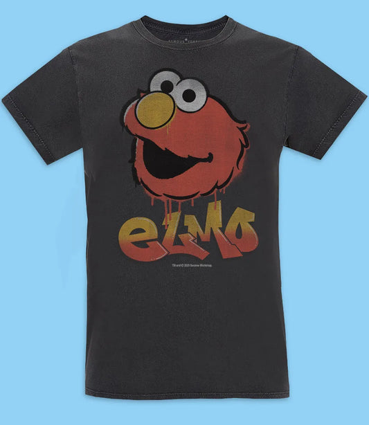 Sesame_street_men's unisex_vintage black_famous_forever short sleeve t-shirt featuring Elmo sesame street character with Elmo Graffiti text