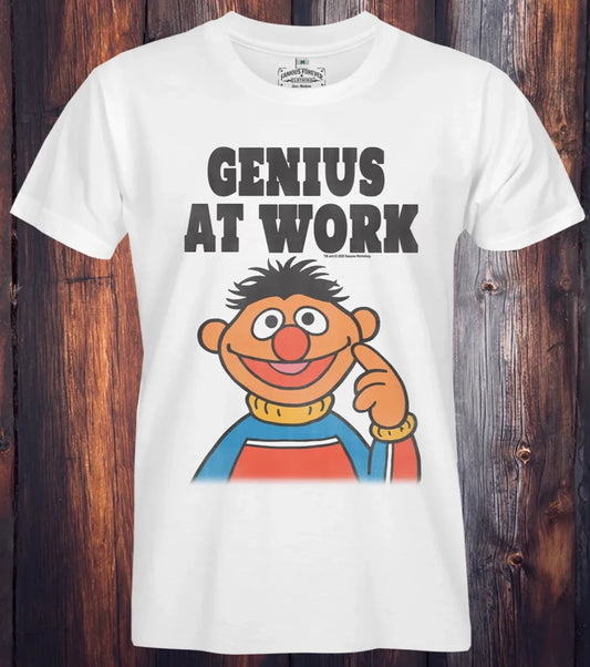 Official Sesame Street T-shirt by Famous Forever. Unisex short sleeve crew neck white t-shirt featuring retro style cartoon Ernie design with Genius At Work text above