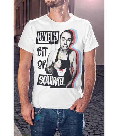 Man wearing men's white short sleeve t-shirt featuring stylized image of martin from friday night dinner tv show with lovely bit of squirrel text