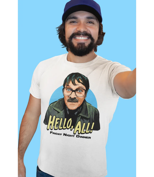 Man wearing white short sleeve t-shirt featuring official friday night dinner sit-com character Jim with Hello All text