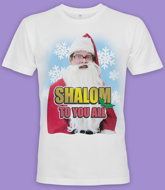 Official licensed short sleeve white t shirt featuring Friday Night Dinner Star Jim dressed as santa claus with Shalom to you all text, festive christmas shirt