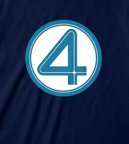 A navy blue short-sleeve crewneck t-shirt featuring a circular graphic on the chest with a stylized blue number 4 on a white background.