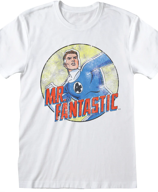 White t-shirt with 'Mr. Fantastic' graphic design on a white background